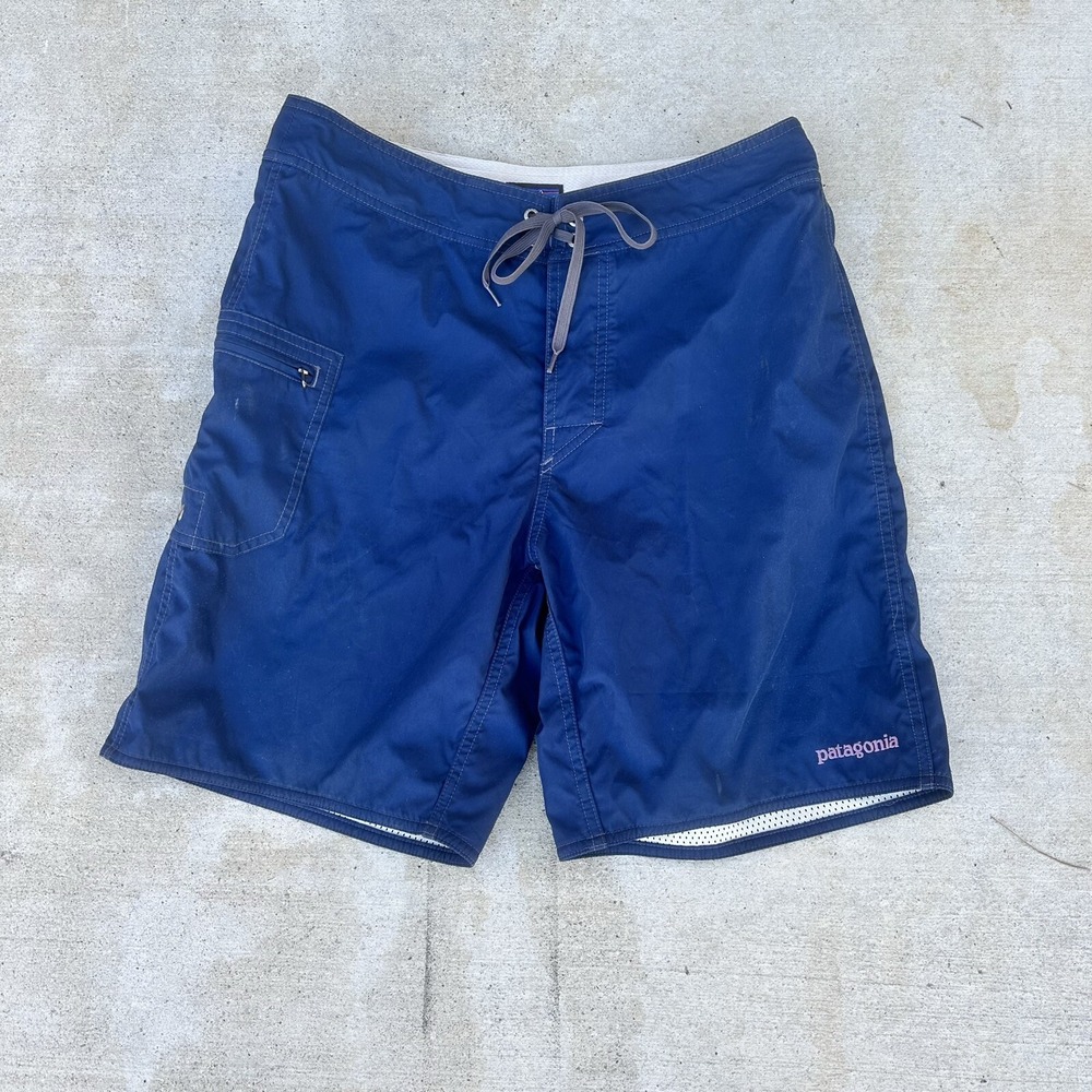 Patagonia Mens Navy Blue Board Shorts Pink Logo Swim Trunks Size 31